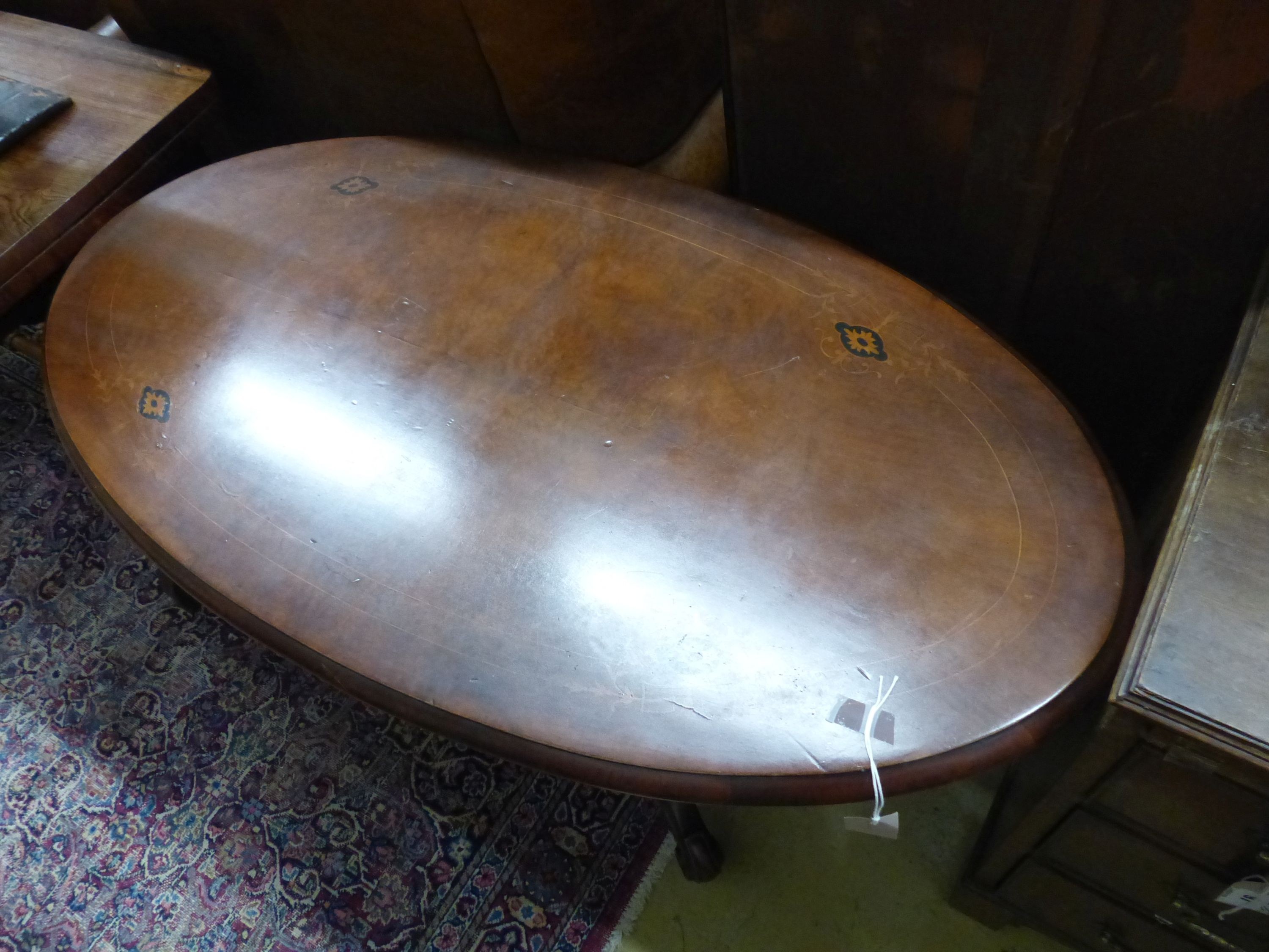 A late Victorian burr walnut oval centre table, W.100cm D.55cm H.68cm